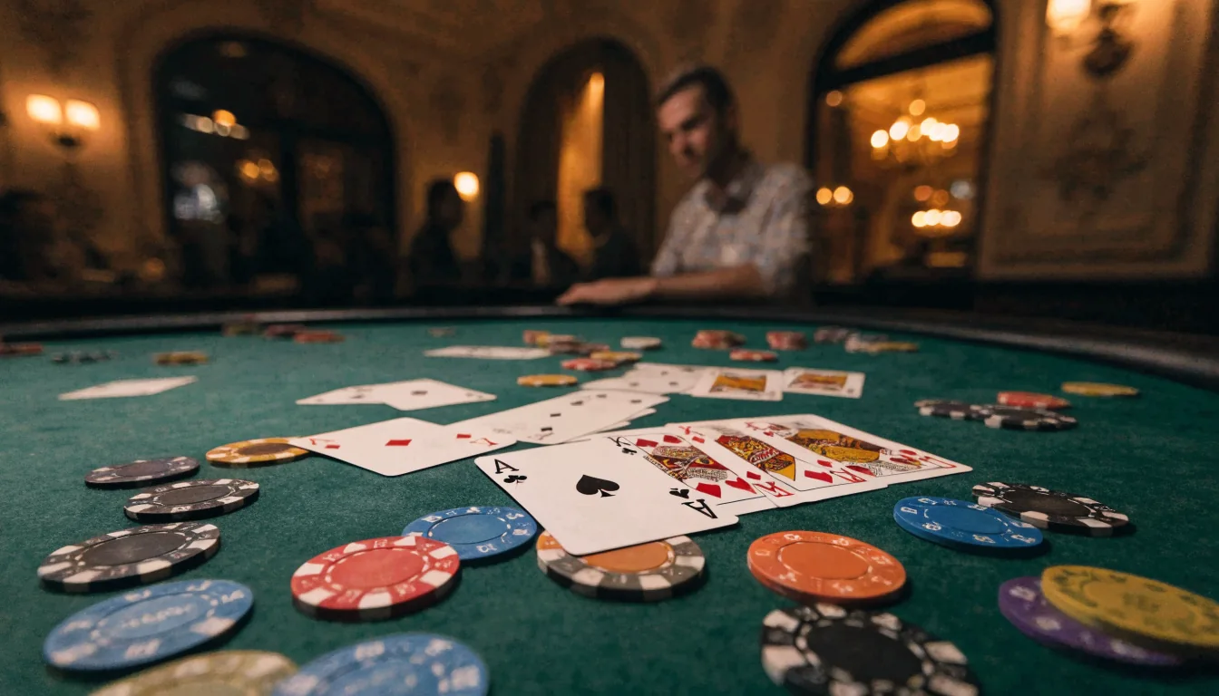 Elegáns blackjack asztal magyar kaszinóban, zsetonokkal és kártyákkal