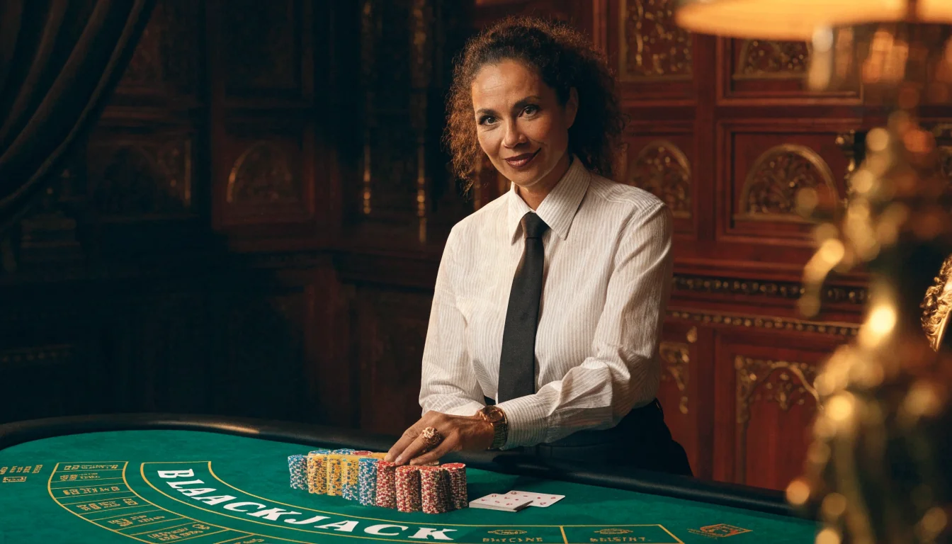 Élő blackjack osztó egy elegáns magyar online kaszinó stúdióasztalnál, 2026