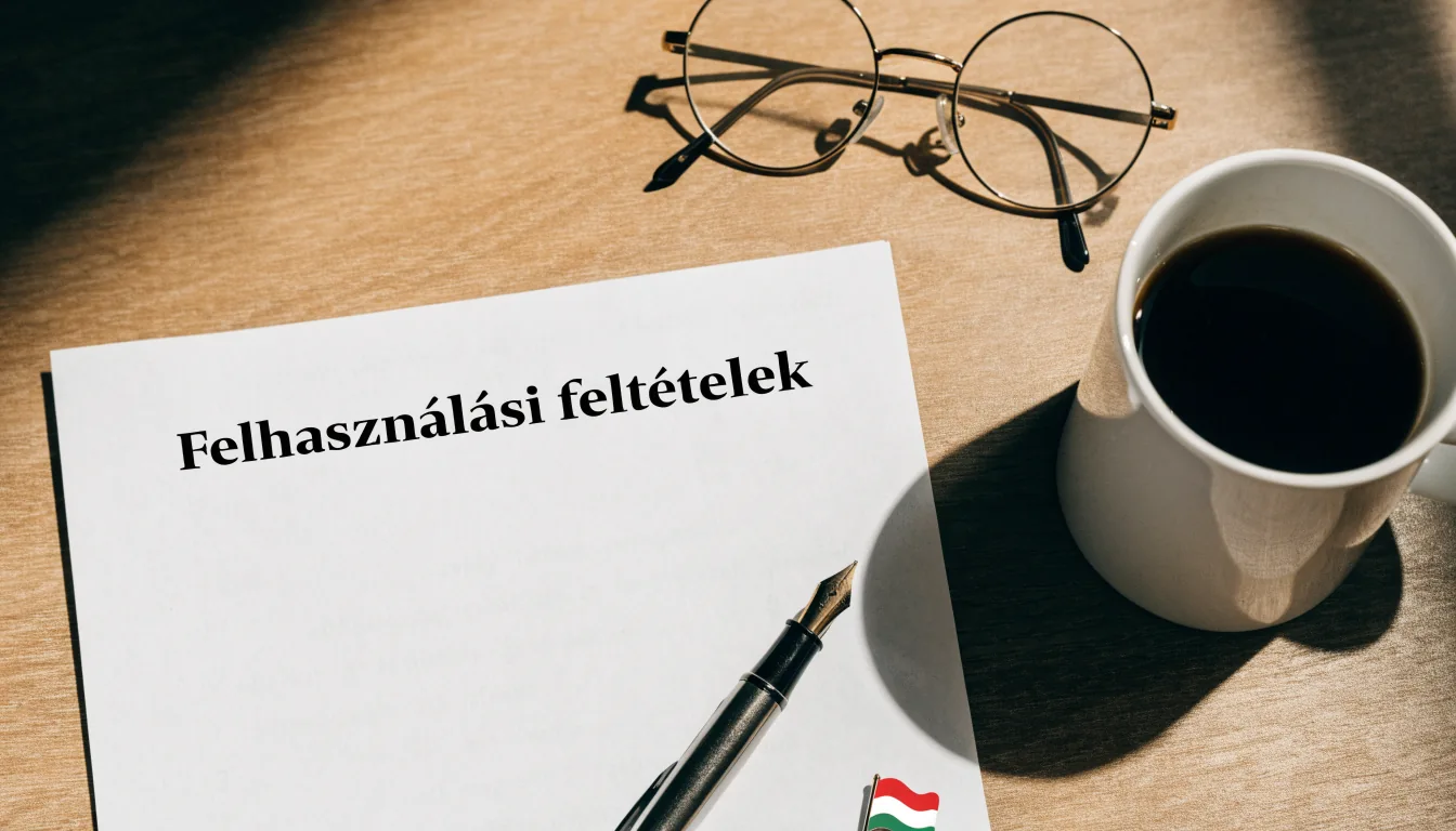 Felhasználási feltételek dokumentum faasztalon, szemüveggel és kávéval